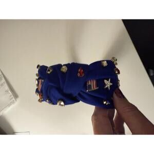 Blue Embellished Headband with Patriotic Star and Flag Accents